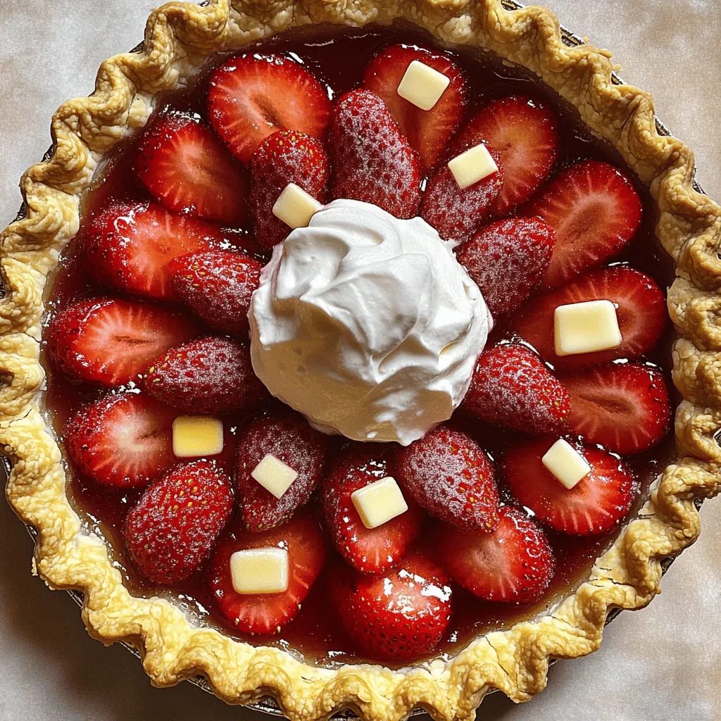 - Fresh strawberries: 2 cups, hulled and sliced - Granulated sugar: 1 cup, divided into two 1/2 cup portions - Cornstarch: 2 tablespoons - Fresh lemon juice: 1 tablespoon - Pure vanilla extract: 1 teaspoon - Unbaked pie crust: 1 (store-bought or homemade) - Unsalted butter: 1 tablespoon, cut into small cubes - Unflavored gelatin: 1 teaspoon (optional) - Whipped cream: for serving